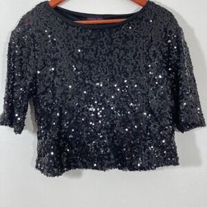 Material Girls Blouse Top Size Small Black Cropped Short Sleeve‎ Pullover Shiny